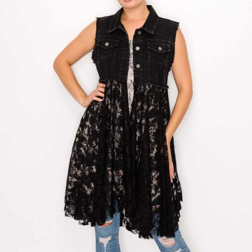 new ORIGAMI BLACK DENIM & LACE VEST DUSTER SHIRT western boho hippie SM-3XL sexy